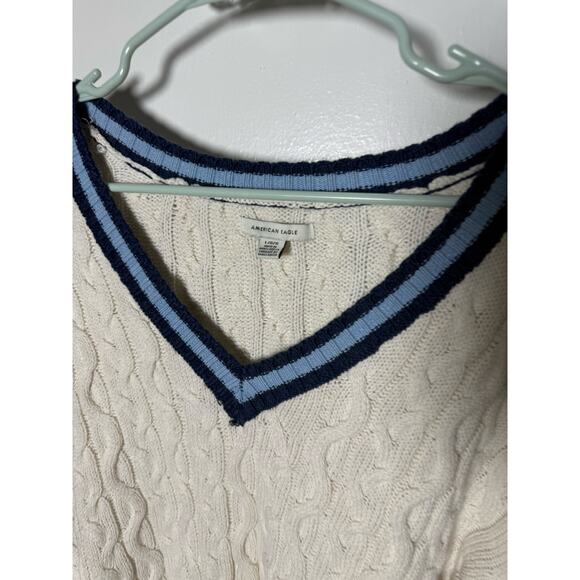 American Eagle White Cable Knit Tennis Preppy Striped Oversized Sweater Large - Picture 4 of 8